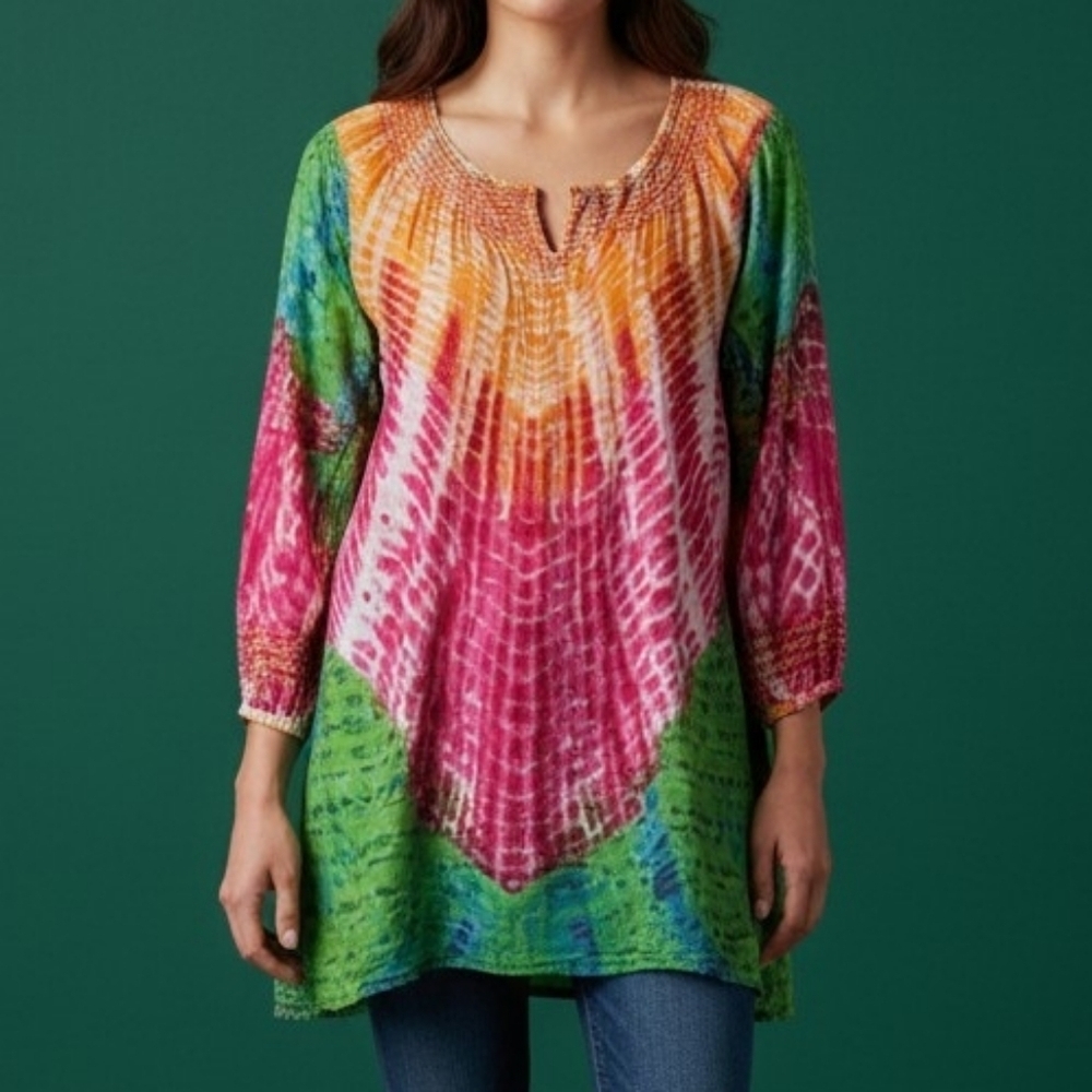 A LA CARTE Embroidered Beaded Tie Dye Eyelet Scoop Neck Festival Tunic